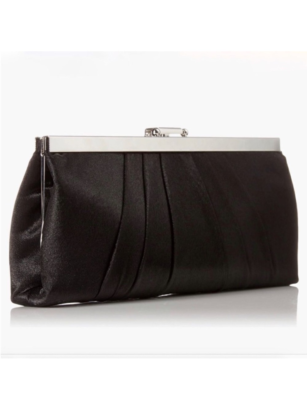 Jessica McClintock Satin Black Frame Clutch with Silver Shoulder Chain